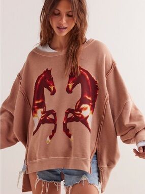 NWT Free People Graphic Camden Mirrored Horses Oversized Fit